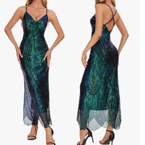 Women's V Neck Spaghetti Straps Sequin Sparkly Glitter Irregular Hem Prom Dress